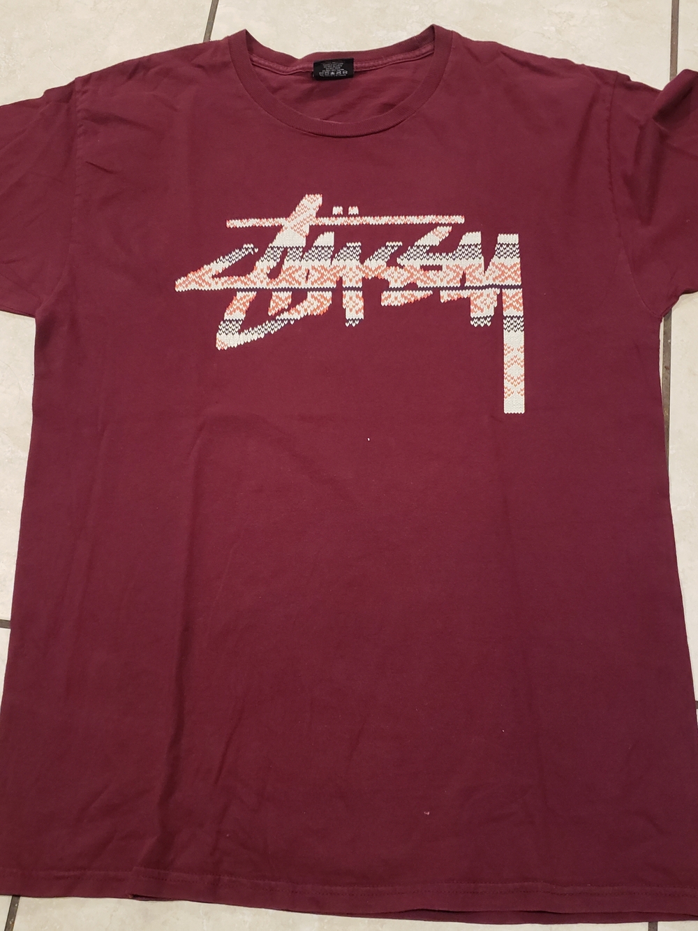 Stussy Maroon Short Sleeve Tee with White Graphic